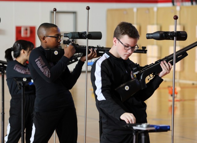 Zama Middle High School cadets compete in a marksmanship match inside the school&#39;s gym at Camp Zama, Japan, Jan. 20, 2023. More than 70 cadets from all eight Department of Defense Education Activity high schools in Japan competed in the invitational event.