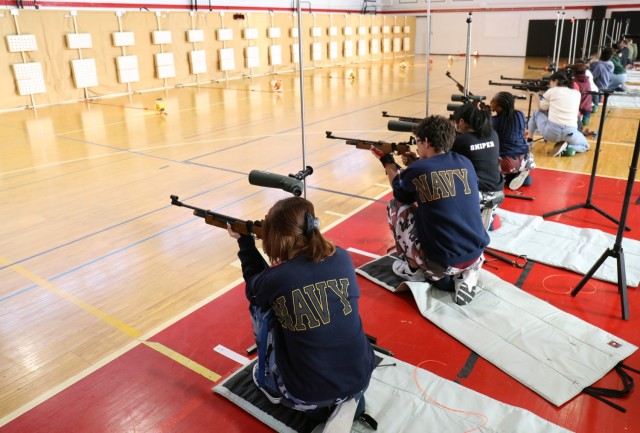 Cadets from all eight Department of Defense Education Activity high schools in Japan compete in a marksmanship match inside Zama Middle High School&#39;s gym at Camp Zama, Japan, Jan. 20, 2023.  