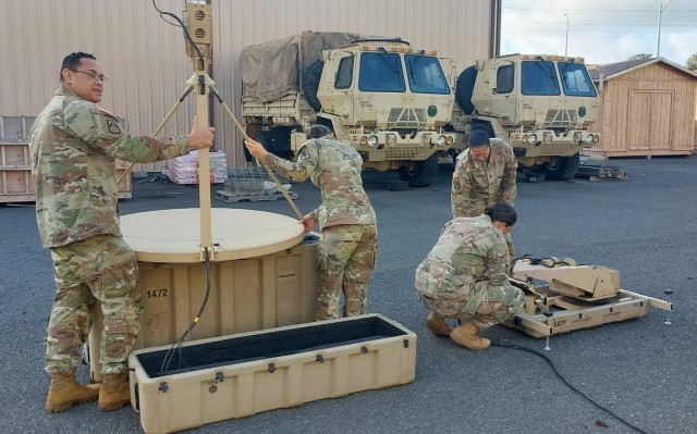 Staff Sgt. Tima Siatuu, Spc. Lydia McKinney, Sgt. 1st Class Julia George, and Sgt. Tierra-Lyn Cuba, 9th Mission Support Command, 322nd Civil Affairs Battalion, assemble the upgraded Very Small Aperture Terminal (VSAT) Satellite system as part of a familiarization class at Fort Shafter, HI on Dec. 22nd 2022.