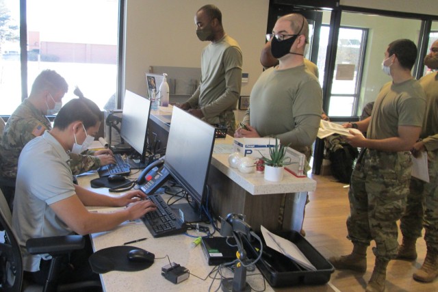 Soldiers in training who remained on post during Holiday Block Leave register to give blood on Dec. 27 at the Fort Leonard Wood Blood Donor Center.