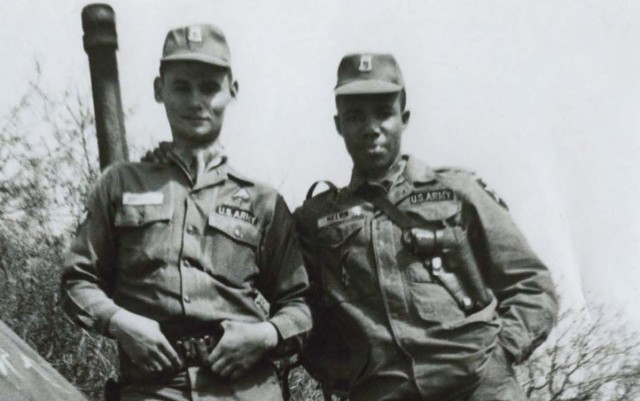 Spc. 5 Dwight Birdwell, left poses for a photo with a fellow Soldier while assigned to the 2nd Infantry Division in South Korea in 1967. Birdwell was awarded the Medal of Honor on July 5, 2022