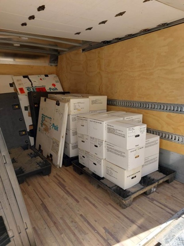 Pine Bluff Arsenal historical materials palletized and ready for shipment to the Joint Munitions Command’s headquarters in Rock Island, Illinois.