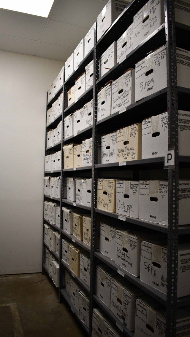 Historical materials rest on shelves inside the storage facility at Pine Bluff Arsenal, lo-cated in Pine Bluff, Arkansas.