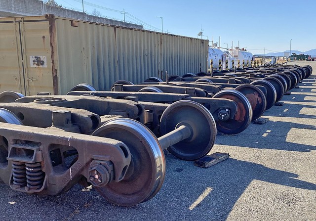 Rail car components wait to be scrapped at the DLA Disposition Services Gimcheon property disposal site in South Korea in late 2022.