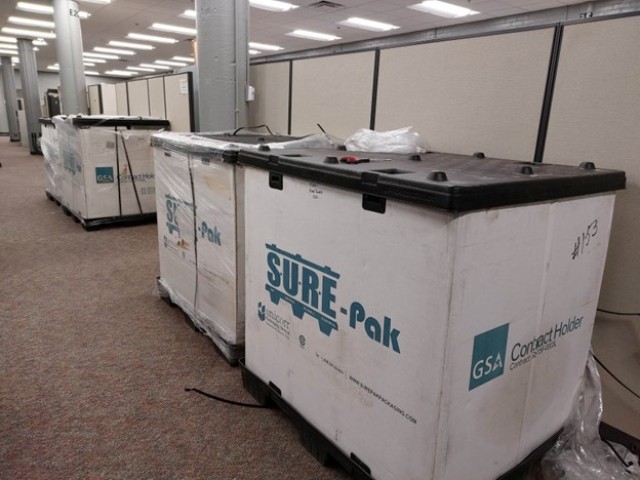Pallets of Pine Bluff Arsenal historical records arrive at the Joint Munitions Command’s headquarters at the Rock Island Arsenal in Illinois.