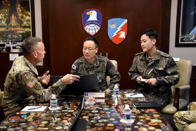 Gen. Park Jeong-hwan, chief of staff of the Republic of Korea Army, meets with Lt. Gen. Daniel Karbler, commanding general of the U.S. Army Space and Missile Defense Command, and other SMDC senior leaders at the command&#39;s headquarters at Redstone Arsenal, Alabama, Jan. 24, 2023. 