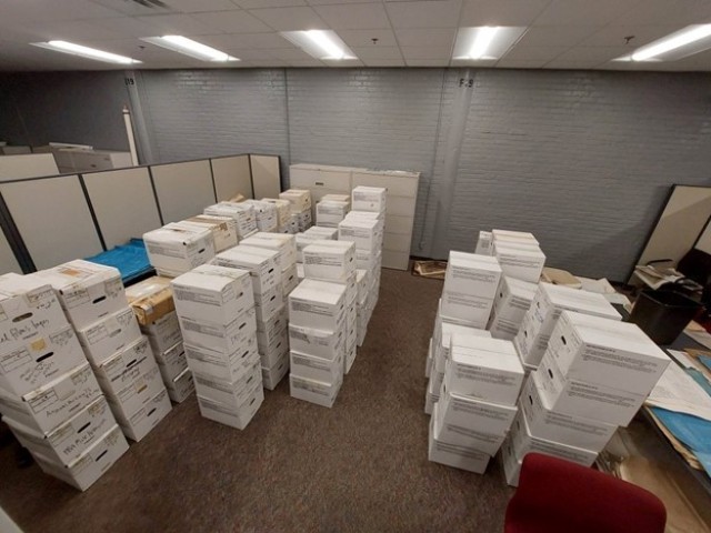 Pine Bluff Arsenal historical records being organized for archival accession inside the Joint Munitions Command’s headquarters at the Rock Island Arsenal in Illinois.
