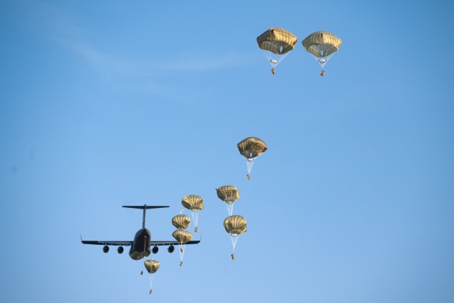 U.S. Soldiers assigned to the 173rd Infantry Brigade Combat Team- Airborne (173rd IBCT ABN) conduct airborne operations during Exercise Saber Junction 22 at Hohenfels Training Area, Joint Multinational Readiness Center (JMRC) in Hohenfels, Germany, Sept. 2022. Saber Junction 22 is a combat training rotation designed to assess the readiness of the 173rd IBCT (ABN) in executing operations in a joint, combined environment and to promote interoperability with participating allied and partner nations. (U.S. Army photo by Spc. Donovon Lynch)