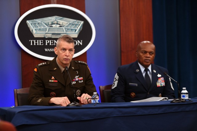 Army Gen. Daniel Hokanson, chief, National Guard Bureau, and Air Force Senior Enlisted Advisor Tony L. Whitehead, the bureau&#39;s senior enlisted advisor, to the chief of the National Guard Bureau, discuss Gen. Hokanson&#39;s priorities for the...