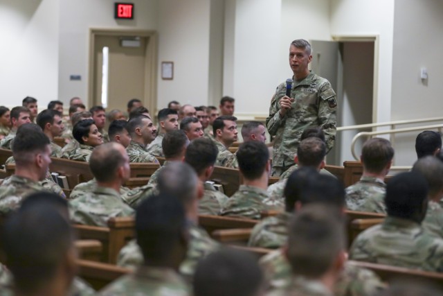 Army Gen. Daniel Hokanson, chief, National Guard Bureau, addresses Army National Guard aviation students at Fort Rucker, Alabama, Jan. 24, 2023. The Army Guard has aviation assets and facilities in all 50 states, three territories and the District of Columbia, and is equipped with more than 1,400 rotary-wing aircraft across 10 airframes with another 57 fixed-wing aircraft. (U.S. Army National Guard photo by Sgt. 1st Class Zach Sheely)