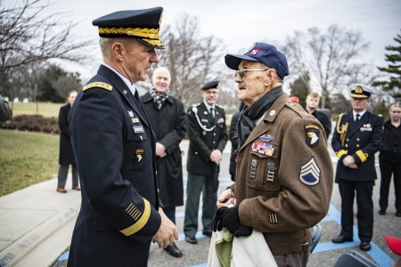 Chief of Staff of the Army Gen. James McConville (left) speaks with Darrell Bush (right), 98, a former U.S. Army Staff Sergeant and a WWII veteran of the Battle of the Bulge, at Arlington National Cemetery, Arlington, Va., Jan. 25, 2023. Bush was at ANC to view a wreath-laying ceremony at the Battle of the Bulge monument, commemorating the ending of the Battle of the Bulge on this date in 1945.

The Battle of the Bulge, described by Winston Churchill as &#34;undoubtedly the greatest American battle&#34; of World War II, took place in the Ardennes Forest region of Belgium and Luxembourg from December 16, 1944, to January 25, 1945. The last major German counteroffensive on the Western Front, it ended in victory for Allied forces under the command of General Dwight D. Eisenhower — but at great cost. Soldiers fought in brutal winter conditions, and the U.S. Army lost approximately 19,000 men (and suffered some 75,000 total casualties) in what became the United States&#39; deadliest single World War II battle.

