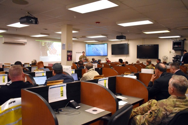 Col. Sam Kline, commander of U.S. Army Garrison Presidio of Monterey, holds an after-action review in the garrison’s Emergency Operations Center at the Presidio of Monterey, Calif., Jan. 23. 