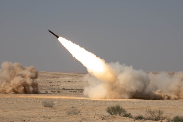 A rocket is fired from a High Mobility Rocket Artillery System of the 2nd Battalion, 130th Field Artillery Regiment, Task Force Spartan, during exercise Juniper Oak 2023, which ended Jan. 26, 2023. The large-scale, bilateral military exercise enhanced interoperability between U.S. and Israeli armed forces. (U.S. Army photo by Spc. David Campos-Contreras).