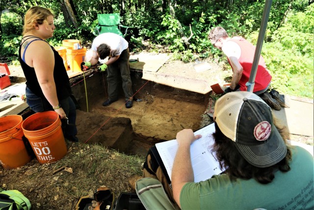 Members of the archaeology team with Colorado State University’s Center for Environmental Management of Military Lands under contract with Fort McCoy work at an active phase III archaeological dig July 6, 2017, on South Post at Fort McCoy, Wis....