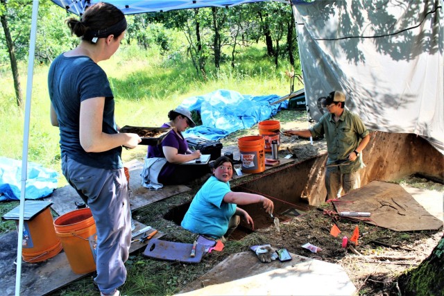 Members of the archaeology team with Colorado State University’s Center for Environmental Management of Military Lands under contract with Fort McCoy work at an active phase III archaeological dig July 6, 2017, on South Post at Fort McCoy, Wis....