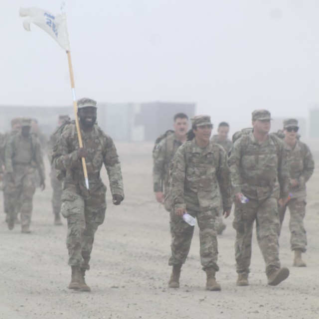 Pennsylvania Army National Guard Soldiers with the 252nd Composite Supply Company, 728th Combat Sustainment Support Battalion, 213th Regional Support Group, participate in the Danish Contingent March at Camp Buehring, Kuwait, Jan. 15, 2023. The...