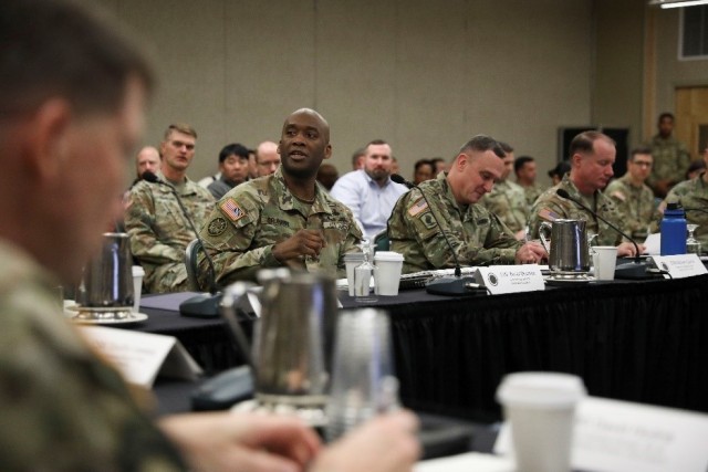 I Corps commanding general, Lt. Gen. Xavier Brunson speaks to unit commanders and staff during the Annual Stryker Leaders Summit at Joint Base Lewis-McChord, Wash., Jan. 10 2022.