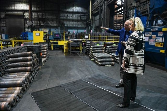 Jeff Greco, the director of operations for GD-OTS, speaks with The Honorable Christine Wormuth, the Secretary of the Army, on Monday, Feb. 6 during a tour of the production lines at the Scranton Army Ammunition Plant (SCAAP), which is located in Scranton, Pennsylvania. 