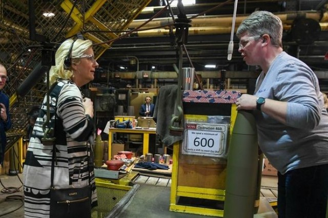 The Honorable Christine Wormuth (left), the Secretary of the Army, speaks with a member of the workforce at the Scranton Army Ammunition Plant (SCAAP), which is located near the center of downtown in Scranton, Pennsylvania, during a visit there on Monday, Feb. 6. 