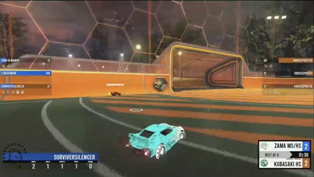 A screenshot from a previous livestreamed &#34;Rocket League&#34; match between Zama Middle High School and Kubasaki High School from the USO&#39;s Twitch site. The ZMHS team recently wrapped up its inaugural season, which had players competing virtually against other schools in the multiplayer video game.