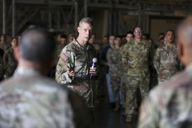 Army Gen. Daniel Hokanson, chief of the National Guard Bureau, visits with Puerto Rico National Guardsmen of the 156th Wing at Muñiz Air National Guard Base, Catalina, Puerto Rico, Feb. 5, 2023.