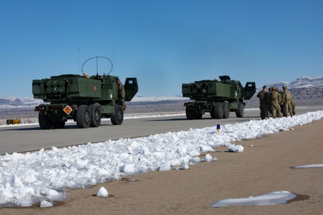 Two HIMARS are staged for a live-fire exercise in Utah Feb.2,2023. This reoccurring exercise, called Scarlet Dragon, is a continuation of each U.S. military branch’s plan to modernize and test systems to ensure we continue to be interoperable and maintain our lethality.