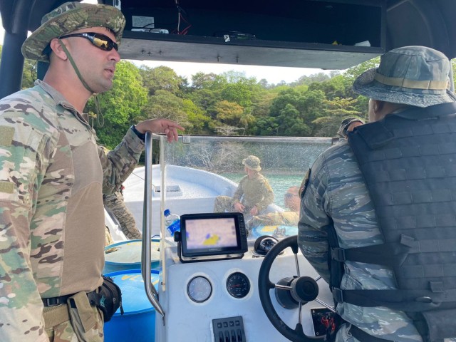 Sgt. 1st Class Jose Santiago provides riverine navigation instruction to a member of the Panamanian Tactical Anti-Drug Operations Unit (UTOA) during a training exercise in Colon, Panama. Santiago, a member of a security assistance team (SAT), deployed to Panama to train law enforcement on water survival, medical procedures, watercraft maintenance, and communications operations. The Security Assistance Training Management Organization (SATMO) currently supports more than 25 missions with over 100 personnel deployed to more than 15 countries working with America&#39;s partners and allies.

