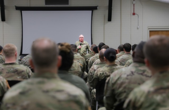 Chaplain (Lt. Col.) Michael Mccawley, the 35th Corps Signal Brigade&#39;s command chaplain, speaks to Soldiers at a suicide awareness and prevention event on Jan. 19 at Fort Bragg, N.C.