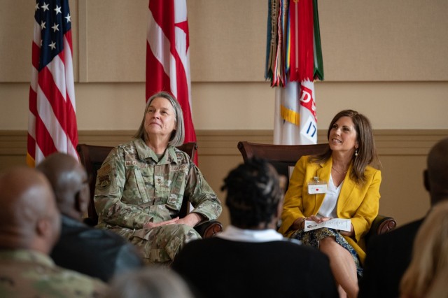 Kelly Hokanson, spouse of the chief of the National Guard Bureau, speaks at the District of Columbia Armory in Washington Feb. 9, 2023. Hokanson recognized three staff members of the District of Columbia National Guard Family Readiness Program for...
