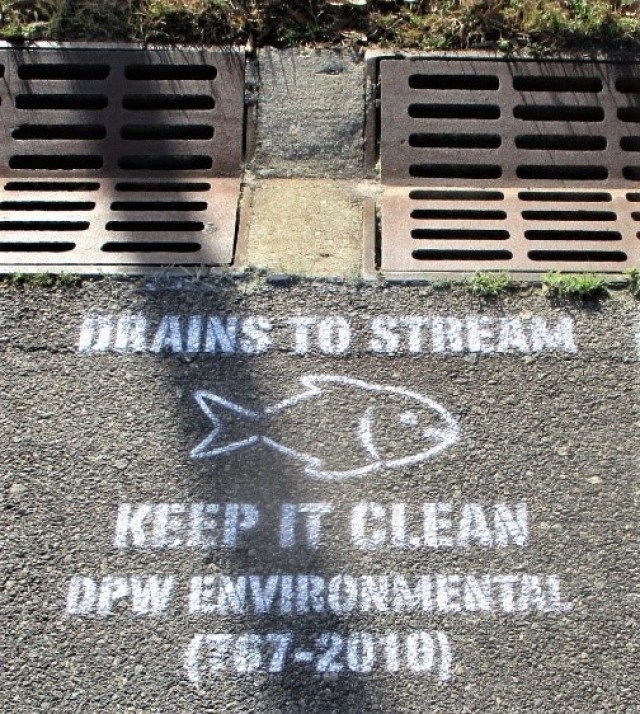 Annually, 25 different storm drains are stenciled on Fort Stewart-Hunter Army Airfield, respectively. The benefit of doing so is twofold: the installation meets a regulatory requirement in order to remain compliant with state stormwater permits and the newly painted messages help promote proper use of storm drains. 