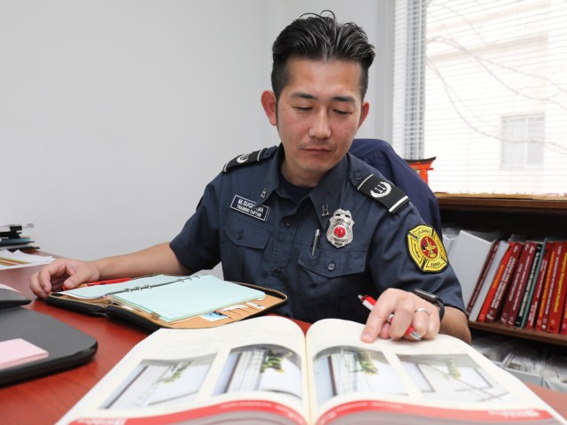 Members of the U.S. Army Garrison Japan fire department recently received awards in an Army fire and emergency services competition for their efforts in 2022. Masatoshi Sugiyama, training captain for the department, who is pictured here, was named fire service instructor of the year for U.S. Army Installation Management Command–Pacific.