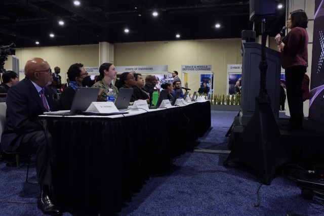Dr. Amy D’Agostino, Army xTech Program Manager, providing opening remarks to the judges and competition attendees before the student pitches held at the 2023 Black Engineer of the Year STEM Conference