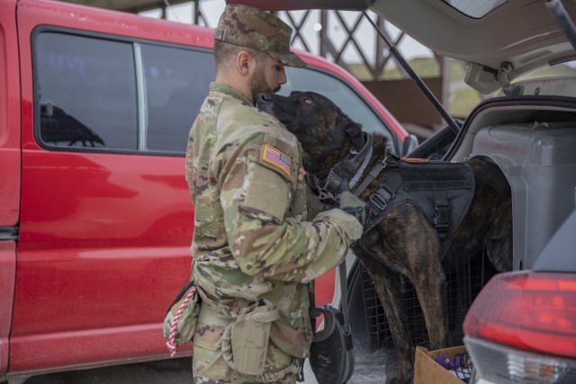 Military working dog and his handler clear vehicles at check point