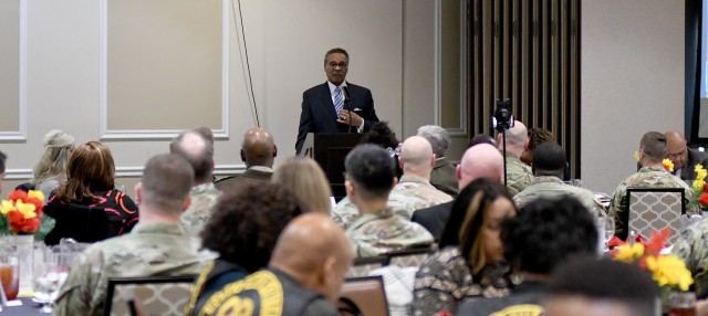 Rep. Emanuel Cleaver, II of Missouri, speaks about the impact black Americans have made on American history during the Fort Leavenworth Black History Month observance Feb. 21, 2023 at the Frontier Conference Center, Fort Leavenworth, Kan. Photo by Tisha Swart-Entwistle, Combined Arms Center-Training, Public Affairs.
