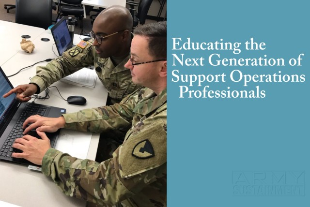 Capt. Paul Petersen (left) and Capt. Kelvin Riddle, Lead Materiel Integrator Directorate, Army Sustainment Command, work on team briefing Oct. 30, 2019, during the Support Operations course held at Rock Island Arsenal Oct. 21-Nov. 1.