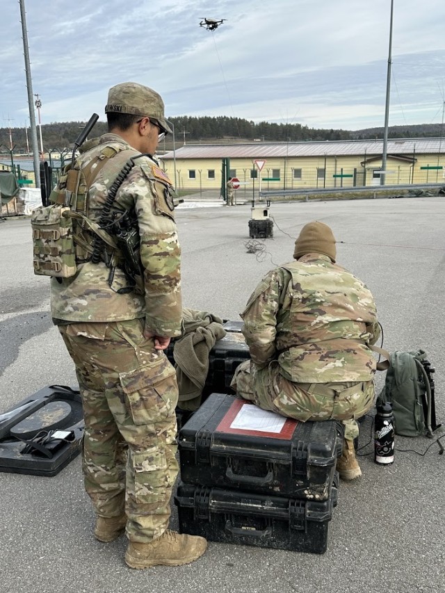 Soldiers with the 2nd Cavalry Regiment (2CR) demonstrate the Integrated Tactical Network’s Variable Height Antenna (VHA), or tethered drone, on February 5, 2023, which fitted with a single channel radio extends line of sight communications over environmental obstacles. The demonstration was part of the unit’s annual Dragoon Ready exercise at the Joint Multinational Readiness Center in Hohenfels, Germany, and served as the backdrop to the second ITN operational testing event (Ops Demo Phase II) for Capability Set (CS) 23. 