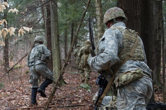 Soldiers of Alpha Company, 3rd Battalion, 172nd Infantry Regiment (Mountain), 86th Infantry Brigade Combat Team (Mountain), Vermont Army National Guard, on the move during a Situational Training Exercise at the Ethan Allen Firing Range, Jericho Vt. Jan. 6, 2023. This lane features a squad-sized assault on an objective in mountainous terrain. Winter training allows Soldiers to experience the extra challenge that cold weather imposes on personnel, equipment, and mobility. (U.S. Army photo by Staff Sgt. Barbara Pendl)