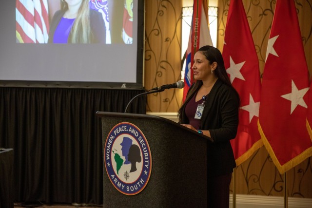 Jennifer Typrowicz, U.S. Southern Command Gender Advisor, provides a presentation on the framework of Women, Peace, and Security for the inaugural Army South Women, Peace, and Security Symposium at San Antonio, Texas on Feb. 22 and 23. This...