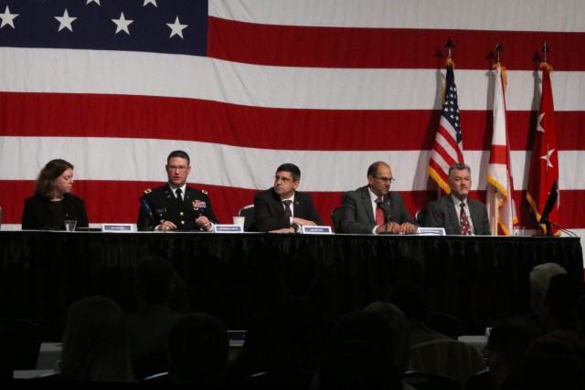 The U.S. Army Combat Capabilities Development Command Aviation & Missile Center’s Military Deputy Col. Steven Ansley participates in a panel during the 2021 Redstone Update in Huntsville, Alabama. 