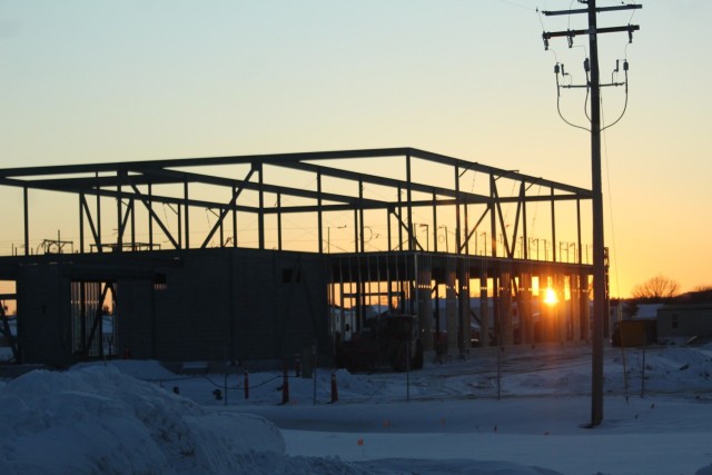 Sun sets on another day of February 2023 brigade headquarters construction at Fort McCoy