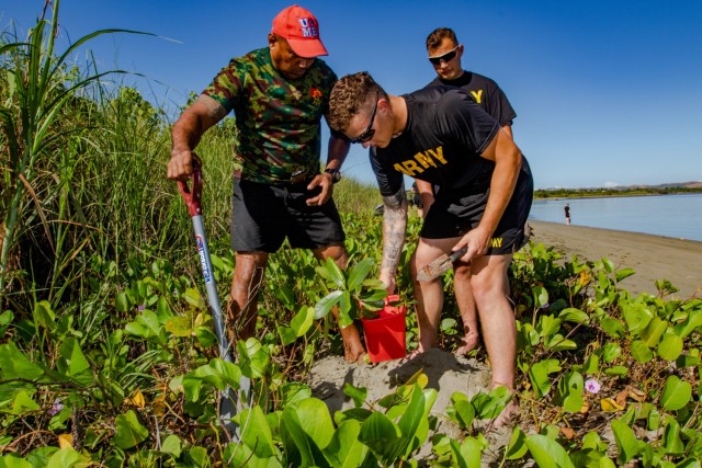 Fijian Army Sgt. Iowani Seru (left), who serves with the 3rd Battalion, Fiji Infantry Regiment, plants dilo trees with U.S. Army Specialists Lane Carty and Nathaniel Petenes, both of whome serve with 1st Btn., 27th Inf. Regt., 25th Inf. Division, during a coastal and reef revitalization project during Exercise Cartwheel 2019, near Nadi, Fiji, Aug. 13. Part of both the Republic of Fiji Military Forces and the U.S. Indo-Pacific Command's defense strategy is to addresses climate change. The planting of palms, dilo trees and mangroves was an effort to strengthen the coastline with root systems that prevents local silt from pummeling the nearby barrier reef. Opportunities, such as Exercise Cartwheel, provide a platform to deepen understanding and preparedness, which strenthens and enhances key relationships with partner nations for a free and open Indo-Pacific.