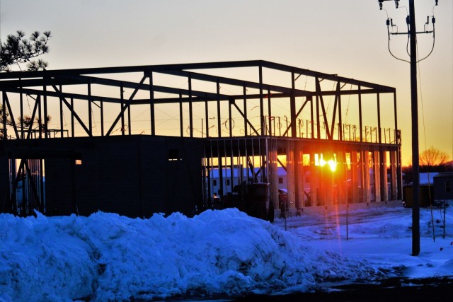 Sun sets on another day of February 2023 brigade headquarters construction at Fort McCoy
