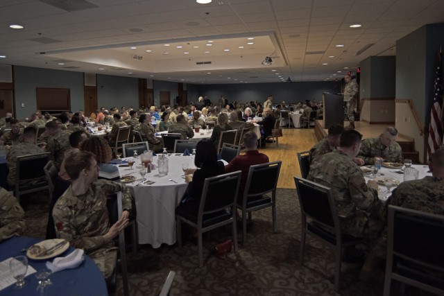 Maneuver Support Center of Excellence Command Chaplain (Col.) Brad Godding welcomes more than 250 Fort Leonard Wood community members to the 2023 National Prayer Luncheon event on Tuesday in Pershing Community Center.