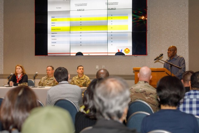 U.S. Army Garrison Japan leadership conduct a workforce town hall inside the Camp Zama Community Club, March 1, 2023. Officials spoke on various workforce issues from a climate survey to a new garrison mission roadmap during the meeting.