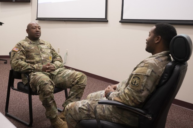 Master Sgt. Lavander Talley (left), the plans noncommissioned officer in charge for 16th Military Police Brigade, gives a class on Soldier counseling during an NCO Professional Development class held Dec. 15, 2022, at Fort Bragg, North Carolina....