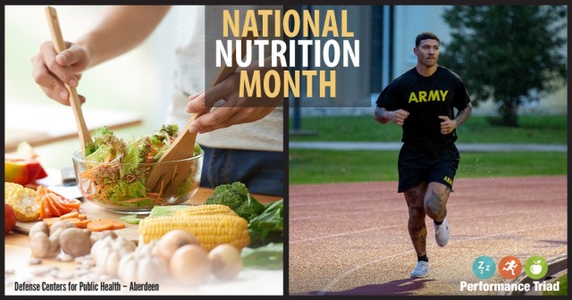 For National Nutrition Month improve your diet diversity by eating less red meat and adding more fruit and vegetables to your diet. Also focus on fiber-rich foods including beans, whole wheat bread, berries and leafy green vegetables. (Graphic illustration courtesy Defense Centers for Public Health-Aberdeen)
