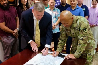 FORT SHAFTER, Hawaii - The Director of U.S. Army Installation Management Command-Pacific, Craig Deatrick, and Command Sergeant Major Jon Y. Williams, si...
