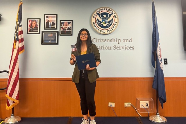Spc. Frida Mejia poses for a photo after receiving her citizen documentation in Honolulu, Hawaii, Nov. 29, 2022. During Mejia&#39;s enlistment process with the Army, she learned she was missing some critical documents.