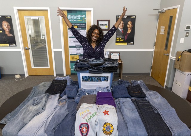 During the month of February, Alberta Cole, Picatinny Arsenal Garrison sexual assault response coordinator, collected approximately 80 pairs of jeans that were donated by Picatinny Arsenal employees, and which will be decorated to support Denim...