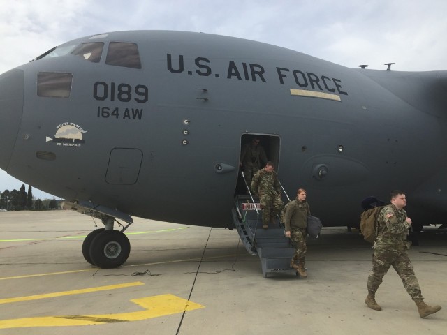 An Air National Guard C-17 Globemaster from the 164th Airlift Wing offloads Tennessee Army National Guard Soldiers in Bulgaria as part of a multinational exercise.